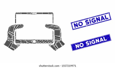 Mosaic hands hold PDA icon and rectangle stamps. Flat vector hands hold PDA mosaic icon of scattered rotated rectangle items. Blue caption stamps with distress surface.