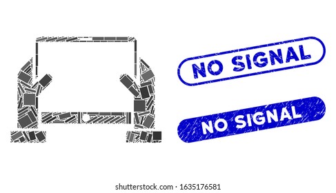 Mosaic hands hold tablet and corroded stamp seals with No Signal text. Mosaic vector hands hold tablet is designed with random rectangle items. No Signal stamp seals use blue color,