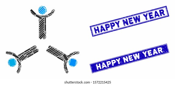 Mosaic hands up men icon and rectangle Happy New Year stamps. Flat vector hands up men mosaic icon of random rotated rectangle items. Blue Happy New Year seal stamps with dirty texture.