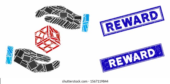 Mosaic hands throw dice icon and rectangle stamps. Flat vector hands throw dice mosaic pictogram of random rotated rectangle items. Blue caption stamps with grunge texture.