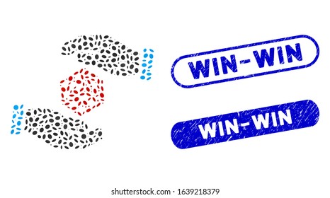 Mosaic hands throw dice and rubber stamp seals with Win-Win text. Mosaic vector hands throw dice is created with randomized ellipse items. Win-Win stamp seals use blue color,