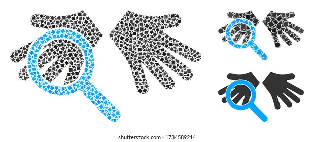 Mosaic Hands tranparency icon united from rough items in different sizes, positions and proportions. Vector puzzle spots are united into abstract mosaic hands tranparency icon.