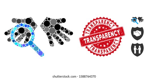 Mosaic hands tranparency and round stamp. Flat vector hands tranparency mosaic of random round elements. Red seal stamp with corroded surface. Designed for political and patriotic agitation.
