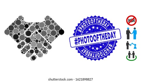 Mosaic handshake icon and distressed stamp watermark with #Photooftheday caption. Mosaic vector is created with handshake icon and with scattered round elements.