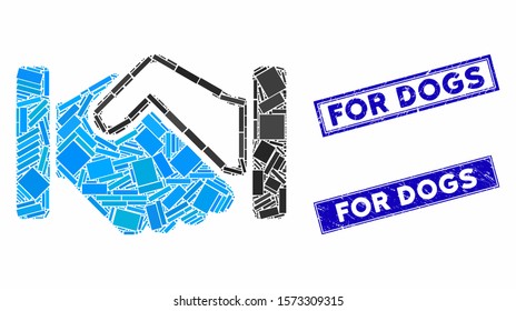 Mosaic Handshake Icon And Rectangular For Dogs Seal Stamps. Flat Vector Handshake Mosaic Icon Of Random Rotated Rectangular Elements. Blue For Dogs Seal Stamps With Dirty Surface.