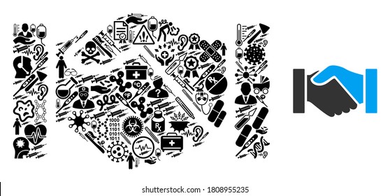 Mosaic Handshake Of Medical Items And Basic Icon. Mosaic Vector Handshake Is Composed Of Healthcare Icons. Abstract Design Elements For Clinic Illustrations.