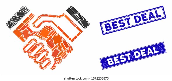 Mosaic handshake pictogram and rectangular Best Deal seal stamps. Flat vector handshake mosaic pictogram of randomized rotated rectangular elements. Blue Best Deal stamps with grunge surface.