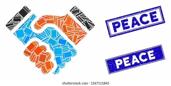 Mosaic handshake pictogram and rectangular watermarks. Flat vector handshake mosaic pictogram of randomized rotated rectangular elements. Blue caption watermarks with dirty texture.