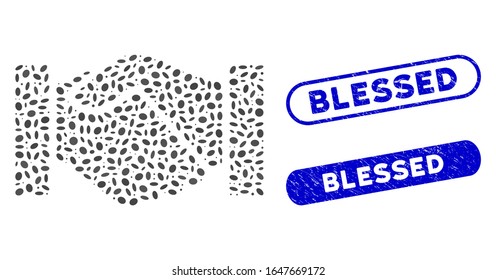 Mosaic handshake and rubber stamp seals with Blessed phrase. Mosaic vector handshake is composed with scattered oval dots. Blessed seals use blue color, and have round rectangle shape.