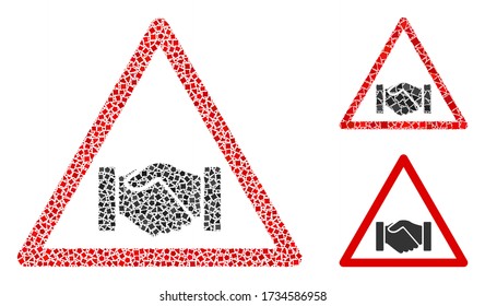 Mosaic Handshake warning icon designed from trembly elements in random sizes, positions and proportions. Vector bumpy items are arranged into abstract mosaic handshake warning icon.