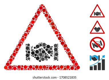 Mosaic Handshake warning icon organized from round items in various sizes, positions and proportions. Vector round items are united into abstract mosaic handshake warning icon.