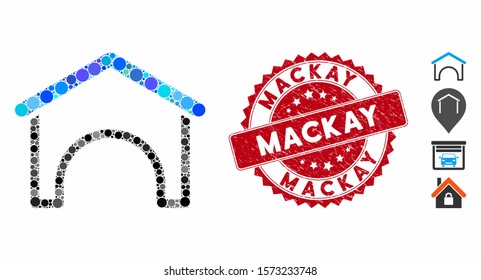 Mosaic hangar icon and corroded stamp seal with Mackay text. Mosaic vector is composed from hangar icon and with randomized round items. Mackay stamp seal uses red color, and grunged surface.