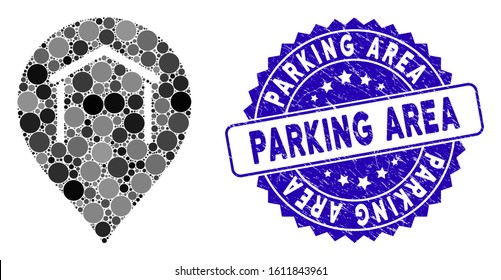 Mosaic hangar map marker icon and distressed stamp seal with Parking Area caption. Mosaic vector is designed with hangar map marker icon and with randomized round elements.