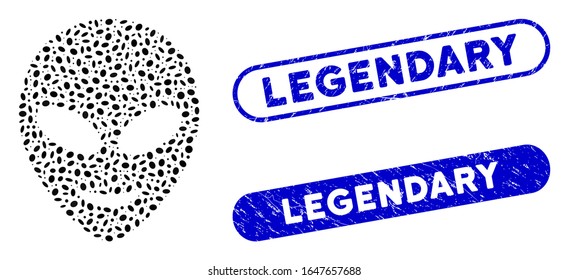 Mosaic happy alien head and grunge stamp seals with Legendary phrase. Mosaic vector happy alien head is composed with randomized elliptic parts. Legendary stamp seals use blue color,