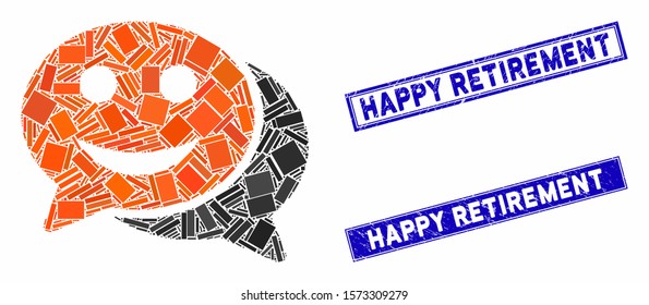 Mosaic happy chat icon and rectangular Happy Retirement seal stamps. Flat vector happy chat mosaic icon of randomized rotated rectangular elements.