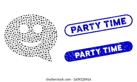 Mosaic happy chat message and grunge stamp seals with Party Time caption. Mosaic vector happy chat message is formed with scattered elliptic elements. Party Time seals use blue color,