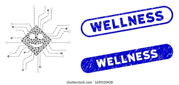 Mosaic happy chip circuit and corroded stamp seals with Wellness phrase. Mosaic vector happy chip circuit is created with random ellipse pieces. Wellness stamp seals use blue color,