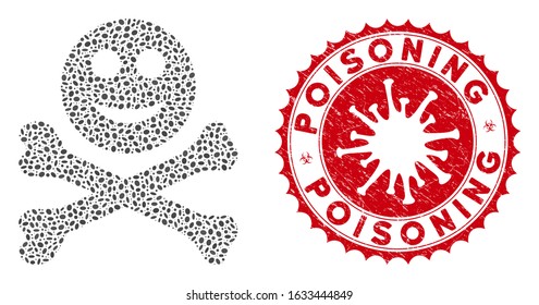 Mosaic happy death icon and red rounded distressed stamp seal with Poisoning caption and coronavirus symbol. Mosaic vector is designed with happy death icon and with scattered oval elements.