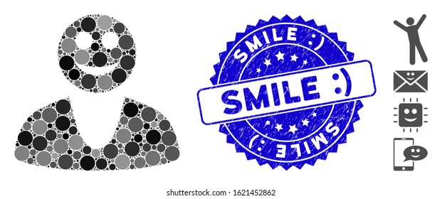 Mosaic happy guy icon and distressed stamp seal with Smile :) caption. Mosaic vector is designed from happy guy icon and with scattered round items. Smile :) seal uses blue color, and grunged surface.