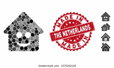 Mosaic happy home icon and grunge stamp watermark with Made in the Netherlands text. Mosaic vector is designed with happy home icon and with randomized round elements.