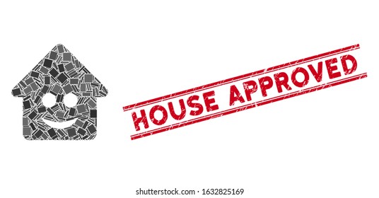 Mosaic happy home icon and red House Approved seal stamp between double parallel lines. Flat vector happy home mosaic icon of scattered rotated rectangle items.