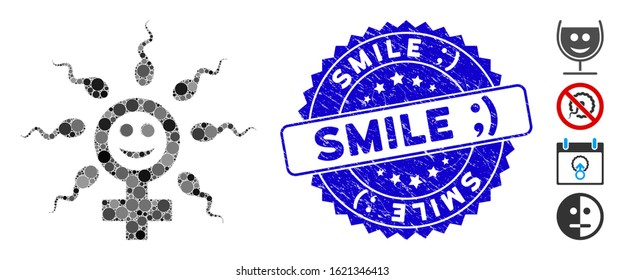 Mosaic happy insemination icon and grunge stamp seal with Smile ;) phrase. Mosaic vector is formed with happy insemination icon and with scattered round items. Smile ;) stamp seal uses blue color,