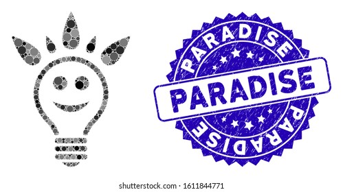Mosaic happy light bulb icon and distressed stamp seal with Paradise caption. Mosaic vector is designed from happy light bulb icon and with scattered circle elements.