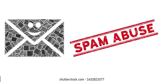 Mosaic happy mail icon and red Spam Abuse seal stamp between double parallel lines. Flat vector happy mail mosaic pictogram of scattered rotated rectangular elements.