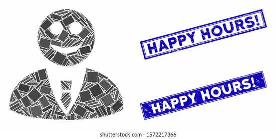 Mosaic happy manager icon and rectangular Happy Hours! seals. Flat vector happy manager mosaic icon of randomized rotated rectangular items. Blue Happy Hours! seals with rubber textures.