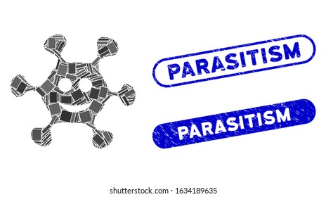 Mosaic happy microbe and distressed stamp seals with Parasitism text. Mosaic vector happy microbe is created with randomized rectangles. Parasitism stamp seals use blue color,