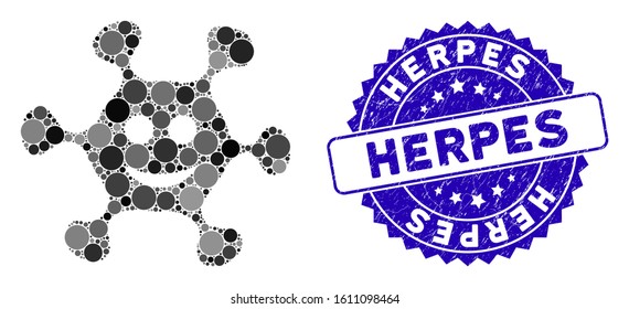 Mosaic happy microbe icon and rubber stamp seal with Herpes text. Mosaic vector is composed with happy microbe pictogram and with random round items. Herpes seal uses blue color, and rubber surface.