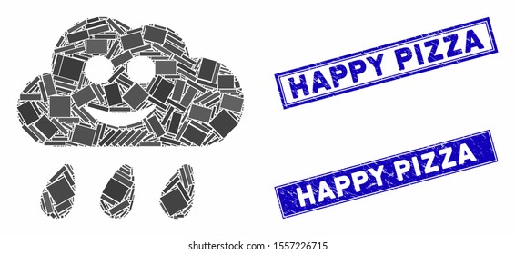 Mosaic happy rain cloud pictogram and rectangle seal stamps. Flat vector happy rain cloud mosaic pictogram of random rotated rectangle items. Blue caption seal stamps with distress texture.