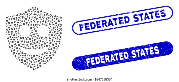 Mosaic happy shield and corroded stamp seals with Federated States text. Mosaic vector happy shield is composed with randomized oval elements. Federated States stamp seals use blue color,