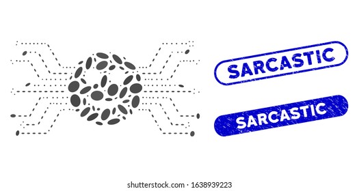 Mosaic happy smile circuit and corroded stamp seals with Sarcastic caption. Mosaic vector happy smile circuit is created with random oval spots. Sarcastic stamp seals use blue color,