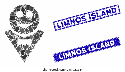 Mosaic happy waiter pictogram and rectangular Limnos Island rubber prints. Flat vector happy waiter mosaic pictogram of random rotated rectangular items.