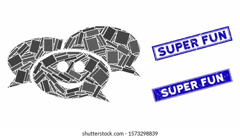 Mosaic happy webinar pictogram and rectangular Super Fun watermarks. Flat vector happy webinar mosaic pictogram of scattered rotated rectangular elements.