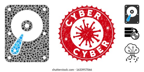 Mosaic hard disk icon and red rounded rubber stamp watermark with Cyber caption and coronavirus symbol. Mosaic vector is designed with hard disk icon and with randomuneven pieces.