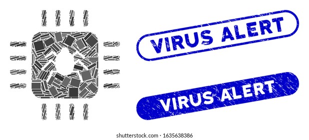Mosaic hardware bug and distressed stamp seals with Virus Alert phrase. Mosaic vector hardware bug is created with scattered rectangle items. Virus Alert stamp seals use blue color,