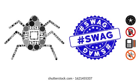 Mosaic hardware bug icon and grunge stamp seal with #Swag caption. Mosaic vector is designed from hardware bug icon and with randomized circle items. #Swag stamp seal uses blue color,