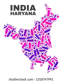 Mosaic Haryana State map isolated on a white background. Vector geographic abstraction in pink and violet colors. Mosaic of Haryana State map combined of scattered circle points and lines.