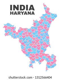 Mosaic Haryana State map of lovely hearts in pink and blue colors isolated on a white background. Lovely heart collage in shape of Haryana State map. Abstract design for Valentine decoration.