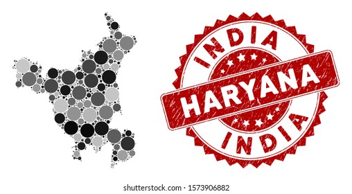 Mosaic Haryana State map and round seal stamp. Flat vector Haryana State map mosaic of scattered circle items. Red seal stamp with grunge surface. Designed for political and patriotic promotion.