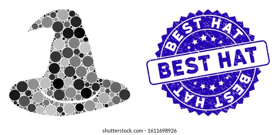 Mosaic hat icon and rubber stamp watermark with Best Hat caption. Mosaic vector is formed with hat icon and with randomized circle spots. Best Hat stamp seal uses blue color, and distress surface.
