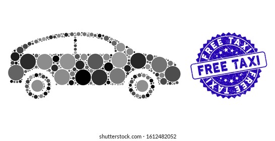 Mosaic hatchback icon and grunge stamp seal with Free Taxi phrase. Mosaic vector is designed with hatchback pictogram and with randomized circle spots. Free Taxi stamp seal uses blue color,