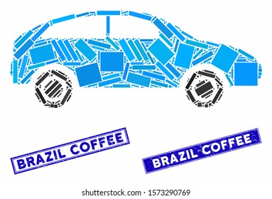 Mosaic hatchback pictogram and rectangle Brazil Coffee stamps. Flat vector hatchback mosaic pictogram of randomized rotated rectangle items. Blue Brazil Coffee seals with rubber texture.