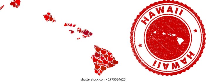 Mosaic Hawaii State map designed with red love hearts, and rubber seal. Vector lovely round red rubber seal imprint with Hawaii State map inside.