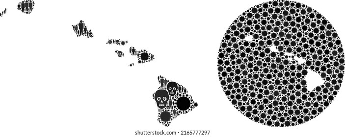 Mosaic Hawaii State map designed from coronavirus items and people and skeleton elements. Pandemic virus Hawaii State map mosaic designed with circle and hole.
