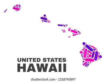 Mosaic Hawaii State map isolated on a white background. Vector geographic abstraction in pink and violet colors. Mosaic of Hawaii State map combined of random round dots and lines.