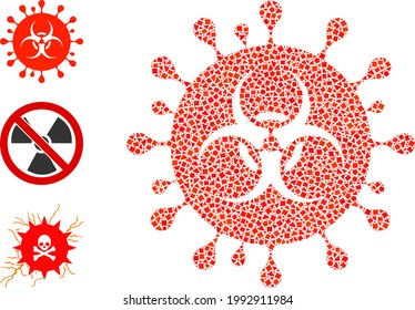 Mosaic Hazard virus icon composed of raggy pieces in random sizes, positions and proportions. Vector rugged pieces are united into abstract mosaic hazard virus icon.
