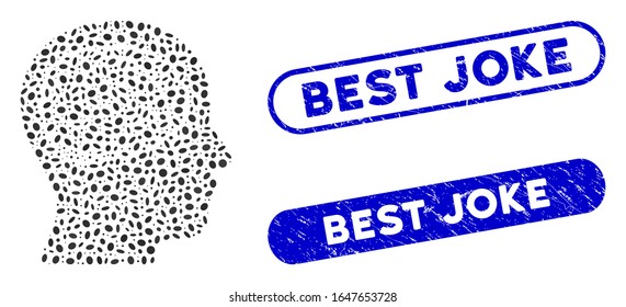 Mosaic head brain and corroded stamp seals with Best Joke phrase. Mosaic vector head brain is formed with randomized elliptic spots. Best Joke stamp seals use blue color,